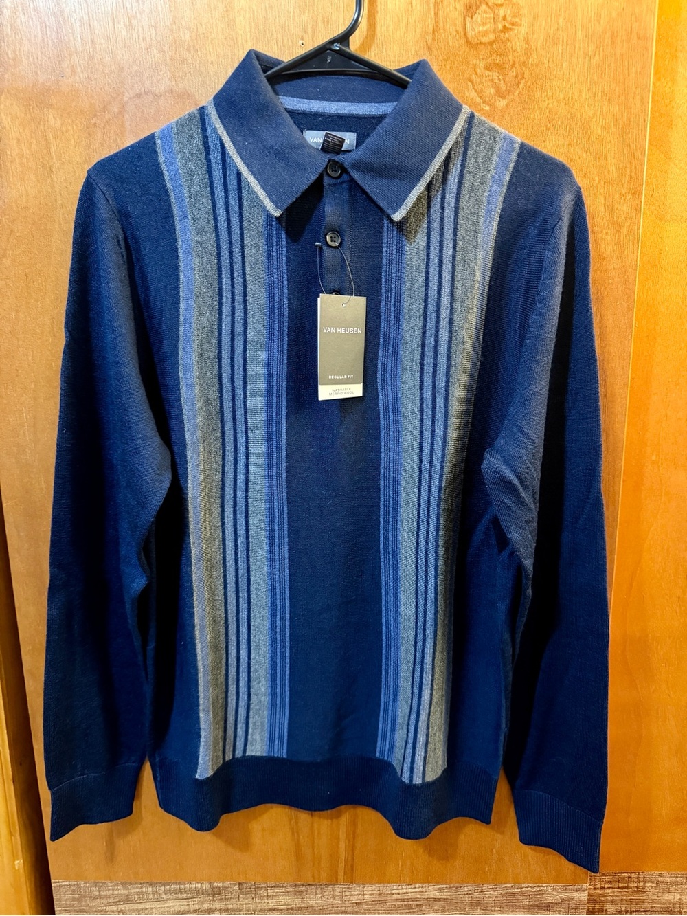 Van Heusen Navy Blue Long-Sleeve Polo with Gray and Light Blue Stripes